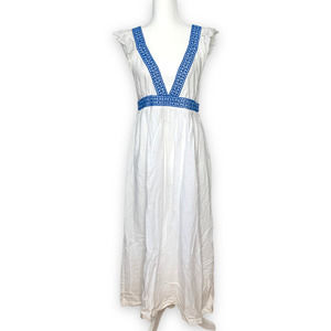 J CREW women's white embroidered linen ruffle deep v-neck beach maxi dress SZ M